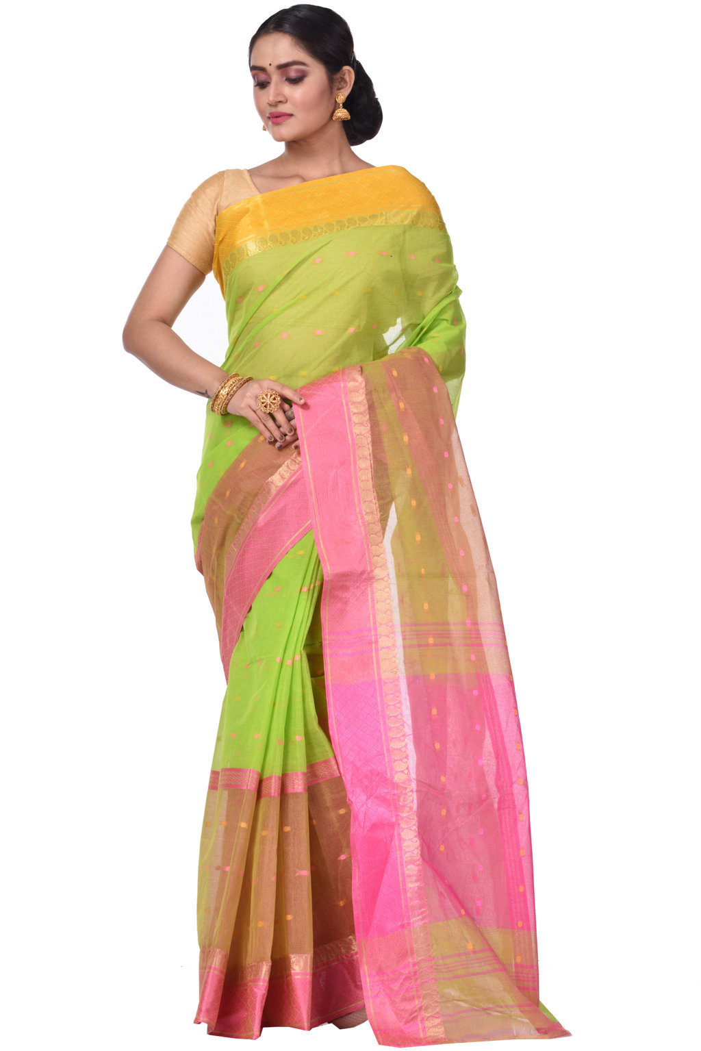 Light Green Pure Cotton Ganga Jamuna_Buti Tant Saree (649)